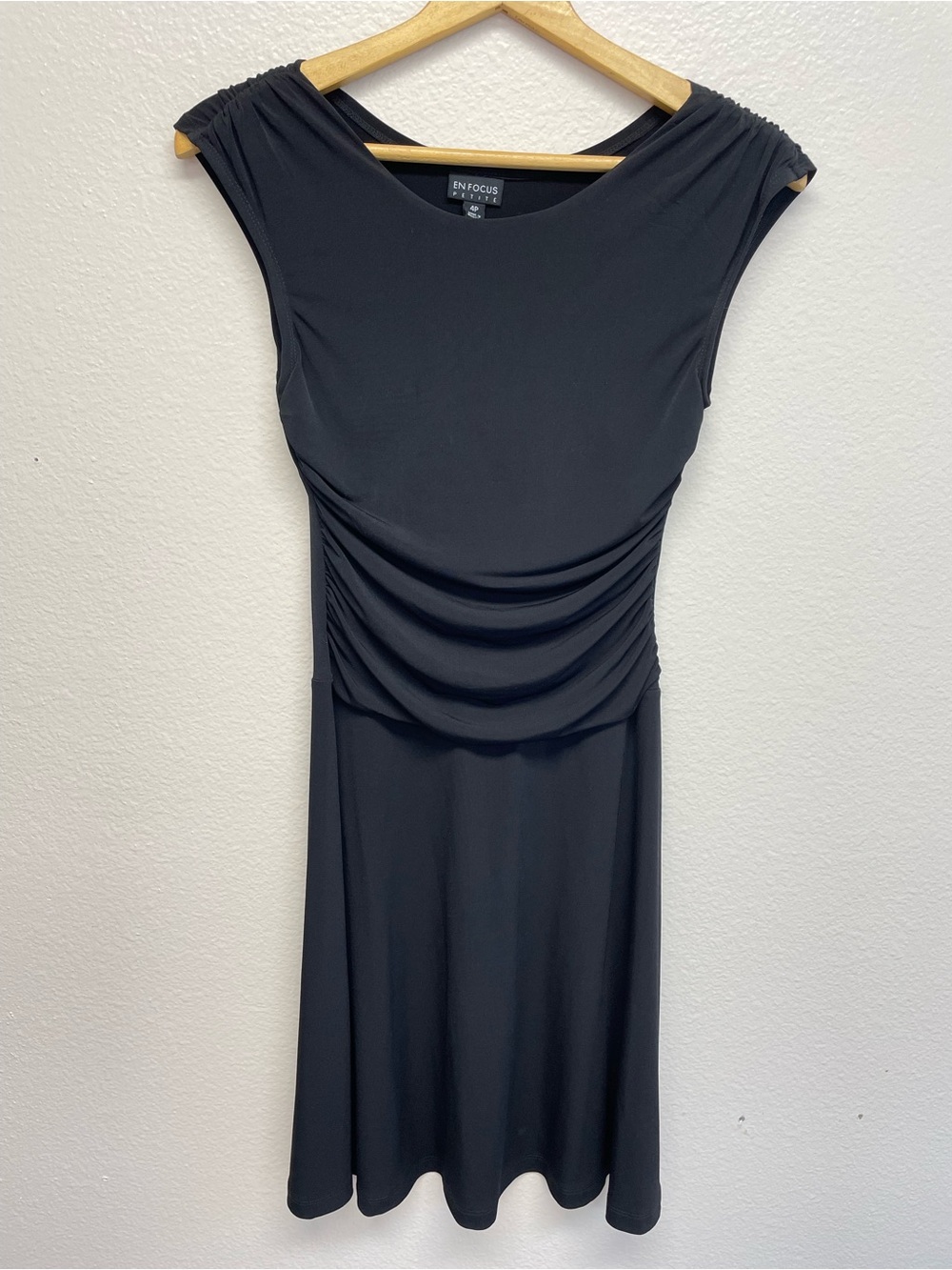 En Focus Petite Women’s 4P Dress Draped Waist Sleeveless A-Line Knee Stretch